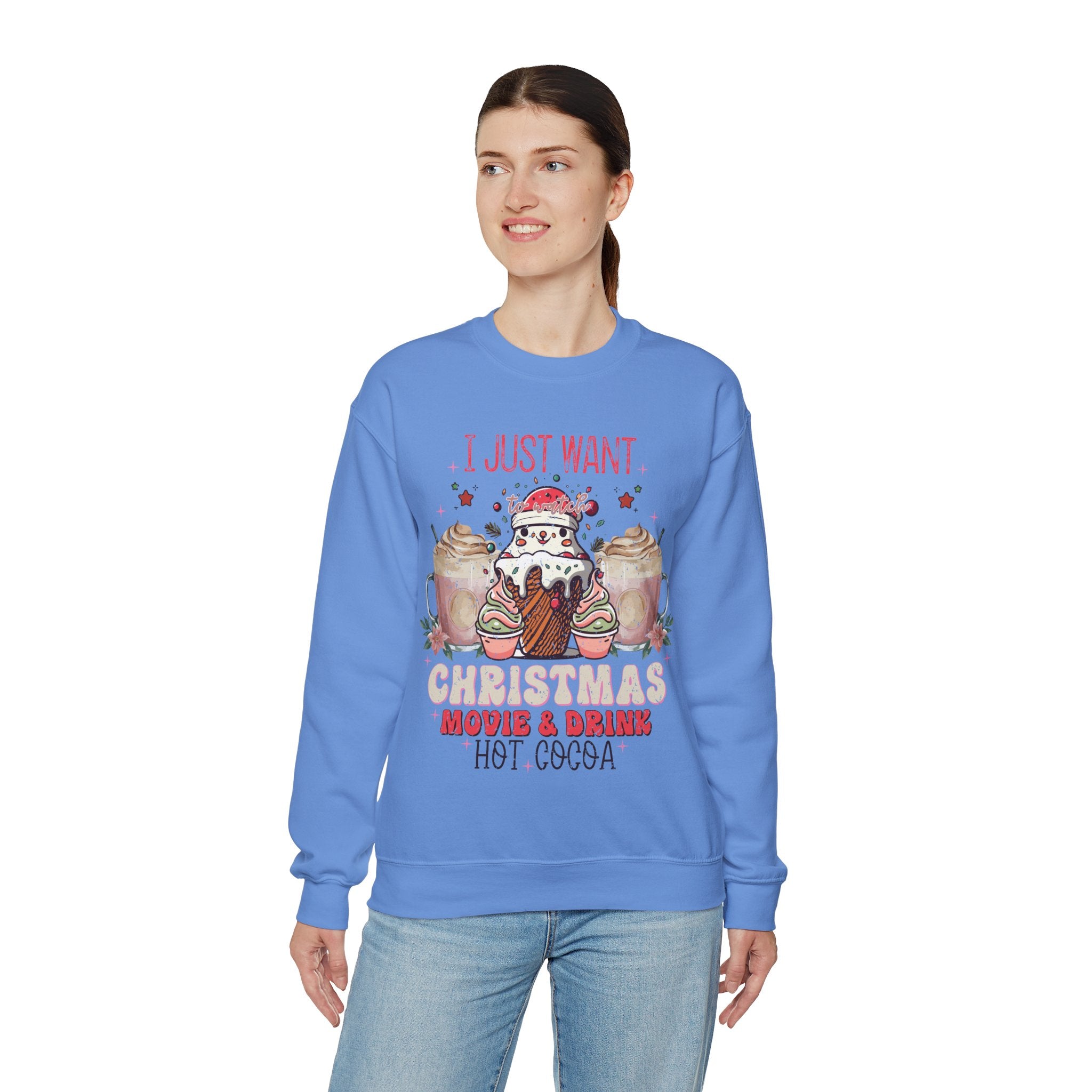 Cozy Christmas Movie Night Sweatshirt: Hot Cocoa & Festive Films