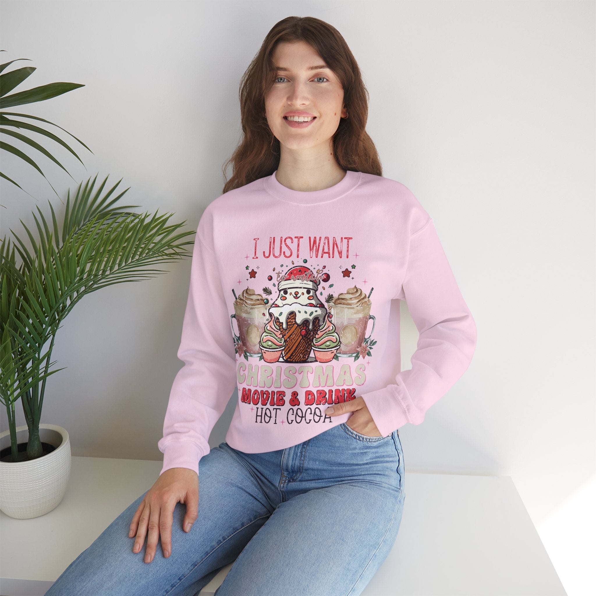 Cozy Christmas Movie Night Sweatshirt: Hot Cocoa & Festive Films