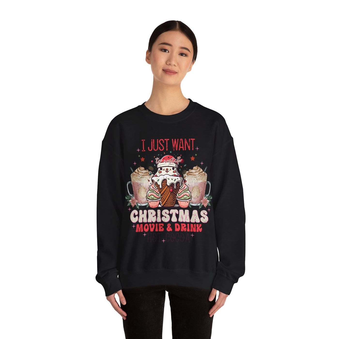 Cozy Christmas Movie Night Sweatshirt: Hot Cocoa & Festive Films