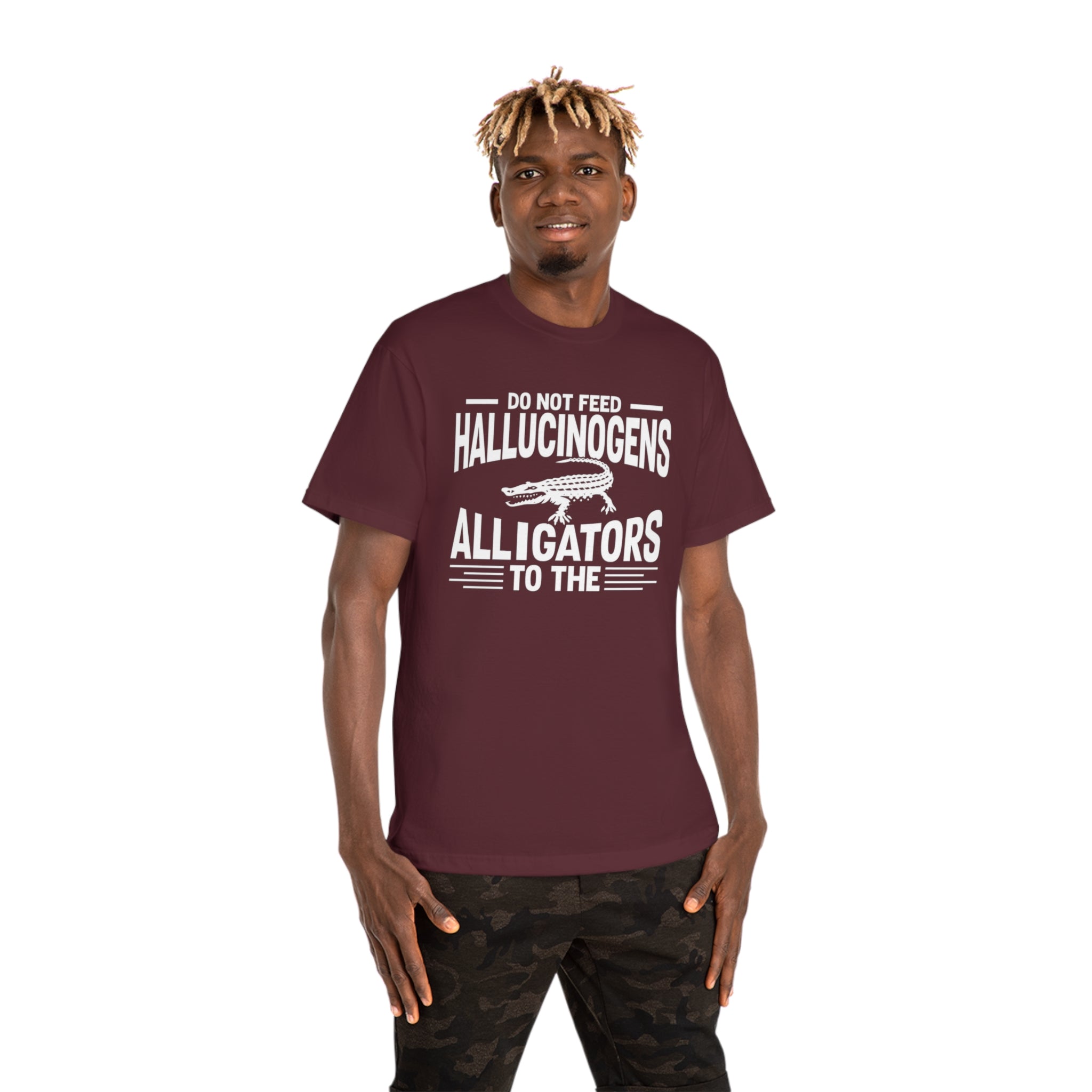 Funny Alligator T-Shirt: Caution Against Feeding Hallucinogens - Unique Animal Tee