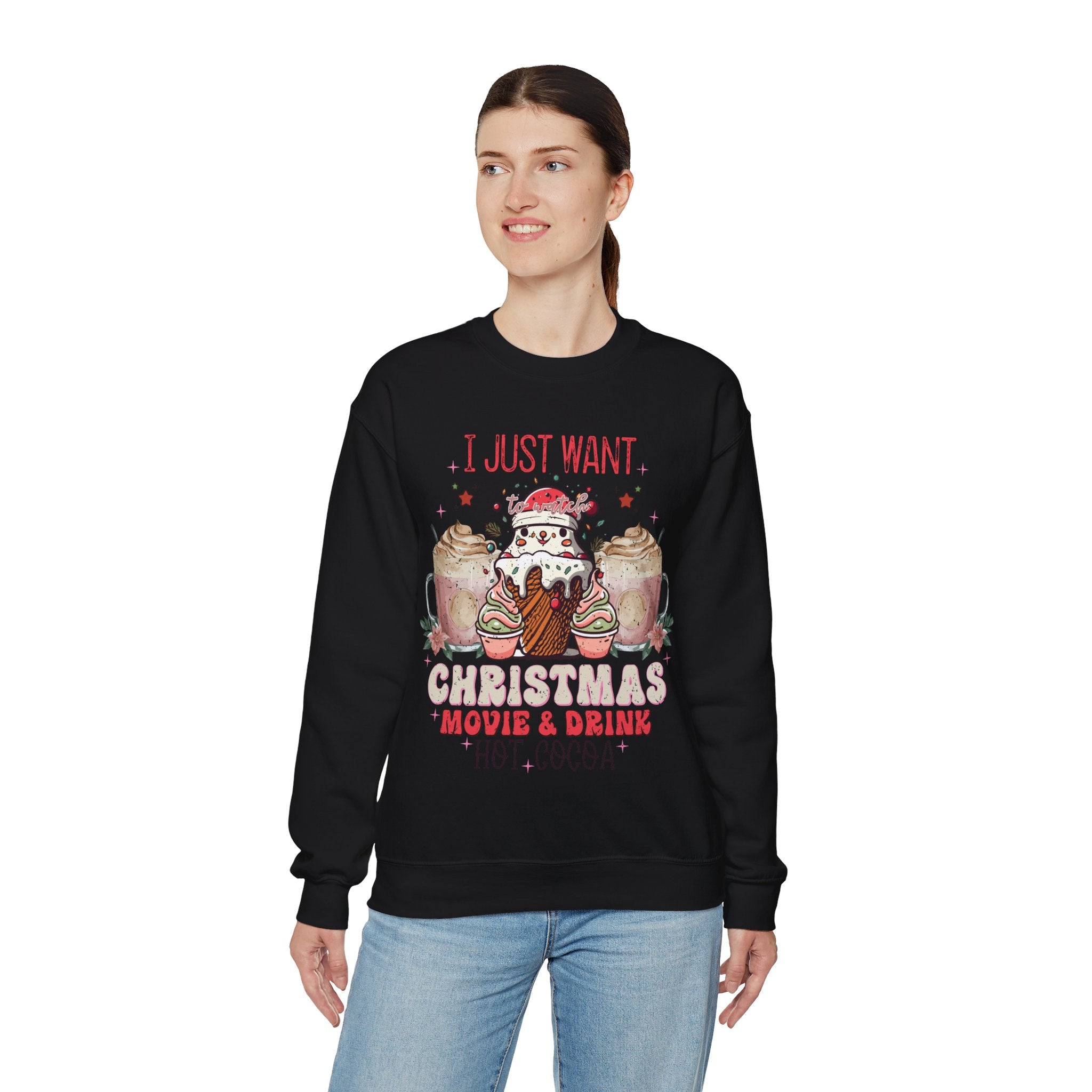 Cozy Christmas Movie Night Sweatshirt: Hot Cocoa & Festive Films