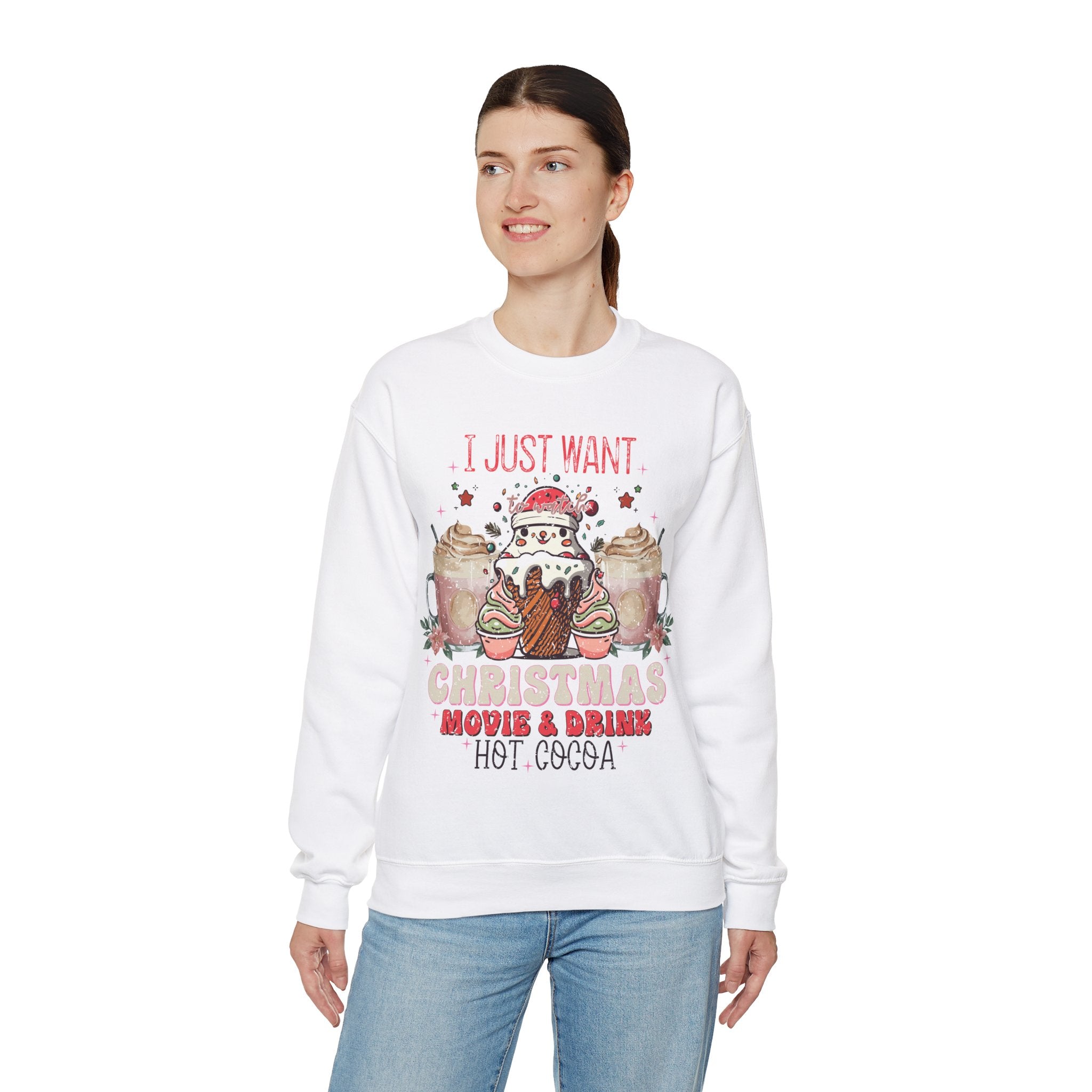 Cozy Christmas Movie Night Sweatshirt: Hot Cocoa & Festive Films