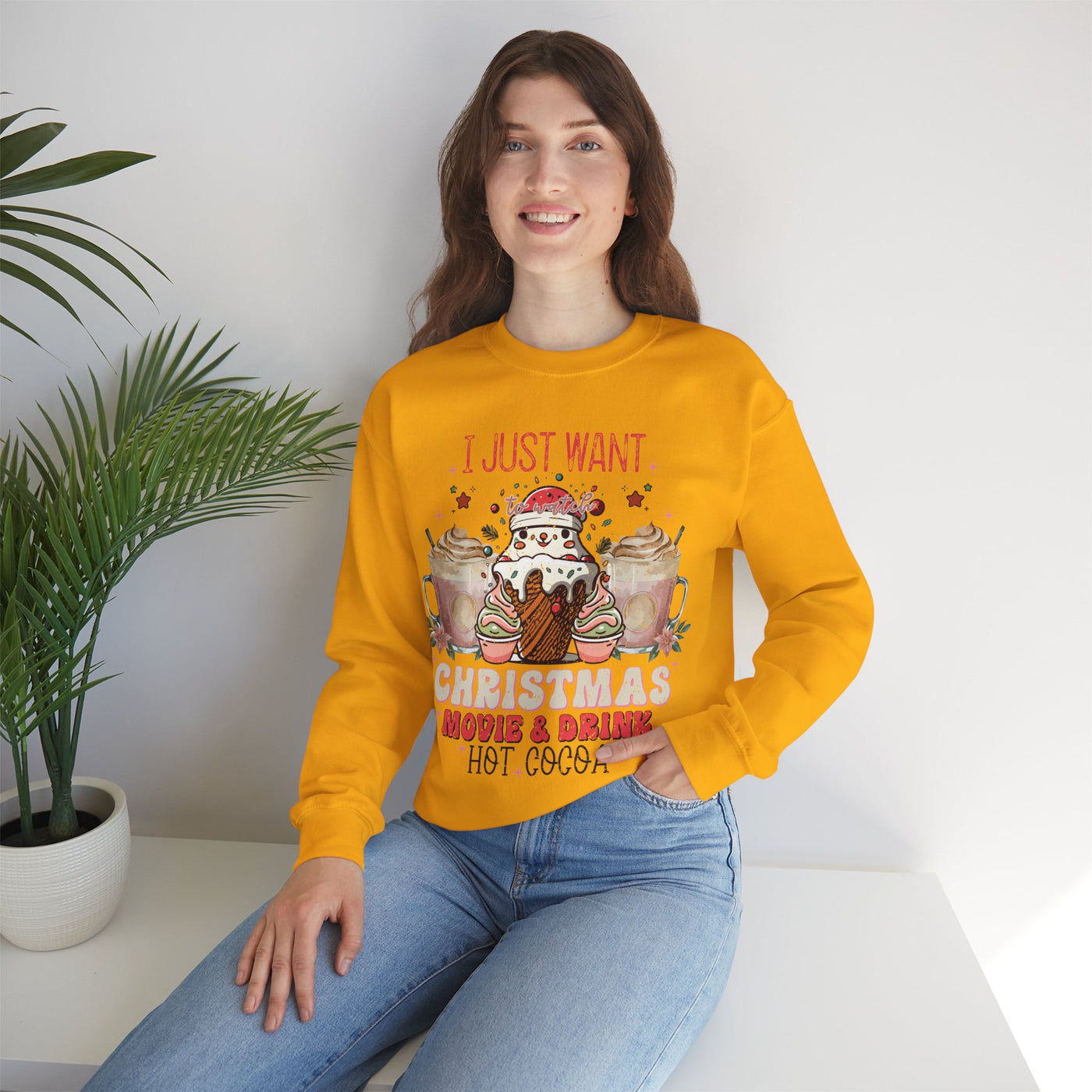 Cozy Christmas Movie Night Sweatshirt: Hot Cocoa & Festive Films