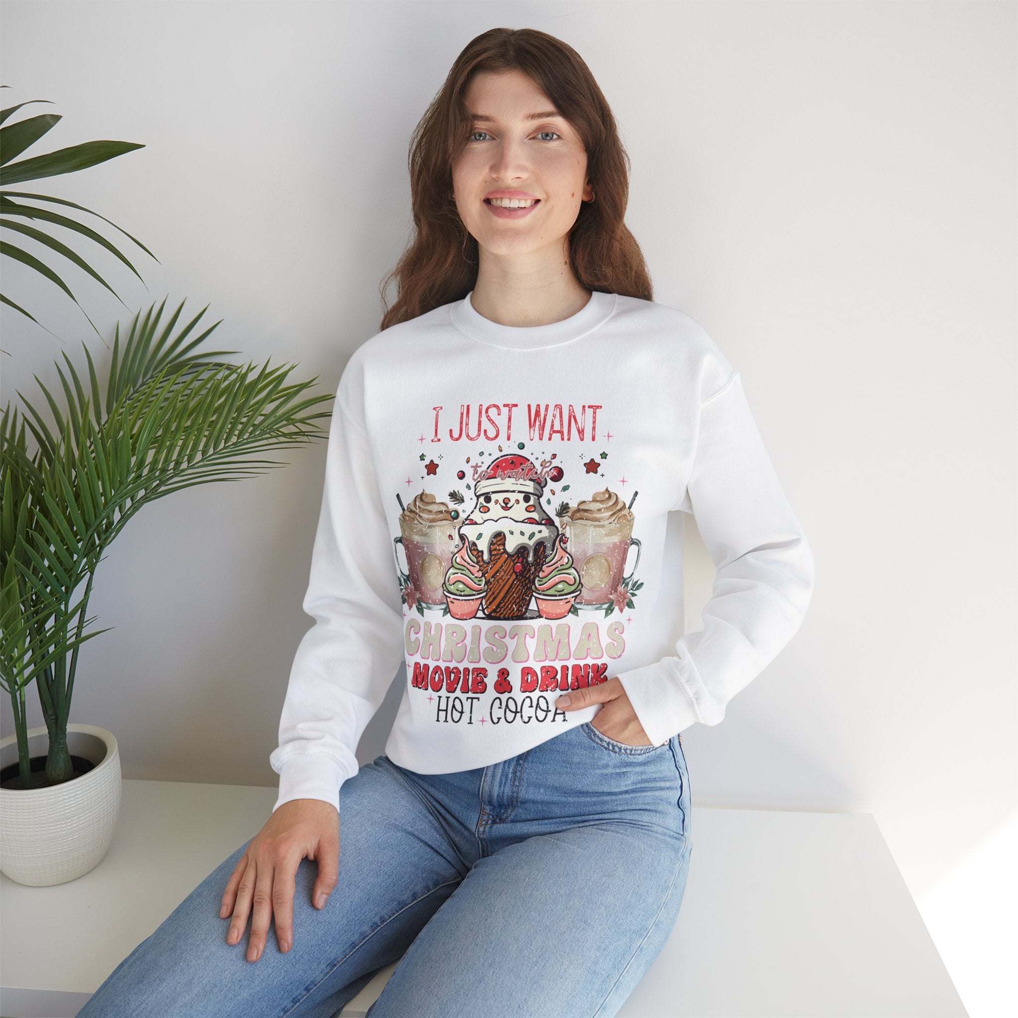 Cozy Christmas Movie Night Sweatshirt: Hot Cocoa & Festive Films